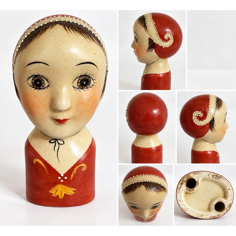 Vintage Art Deco Flapper Girl Ceramic Head Figurine Red Cloche Hat Hand 6"